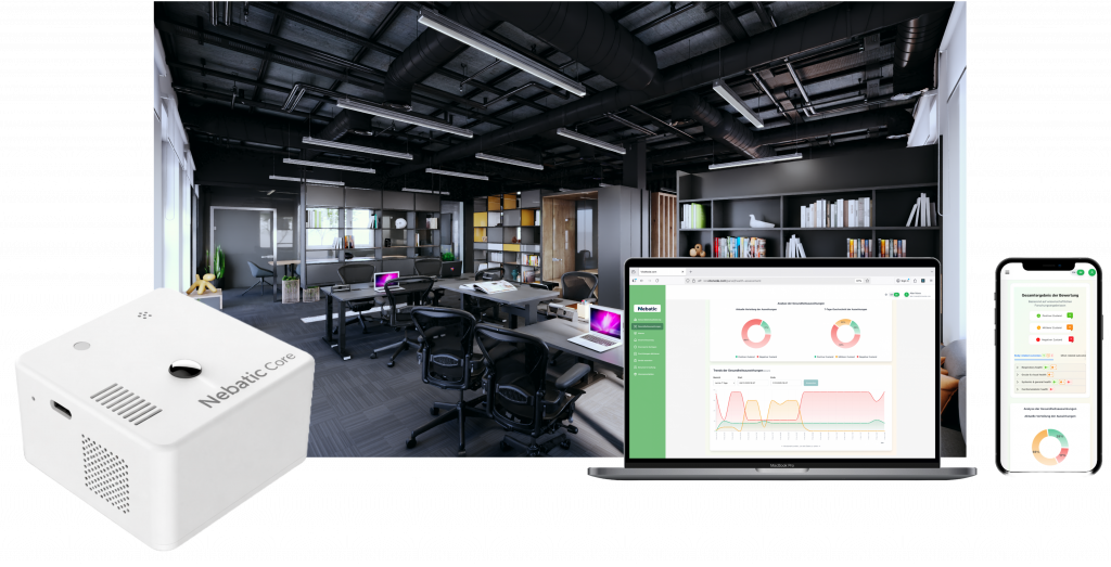 Komplettlösung für smartes Raumklima im Büro: Nebatic Core Sensor, Laptop mit Analyse-Dashboard und Smartphone-App zur Überwachung der Luftqualität.